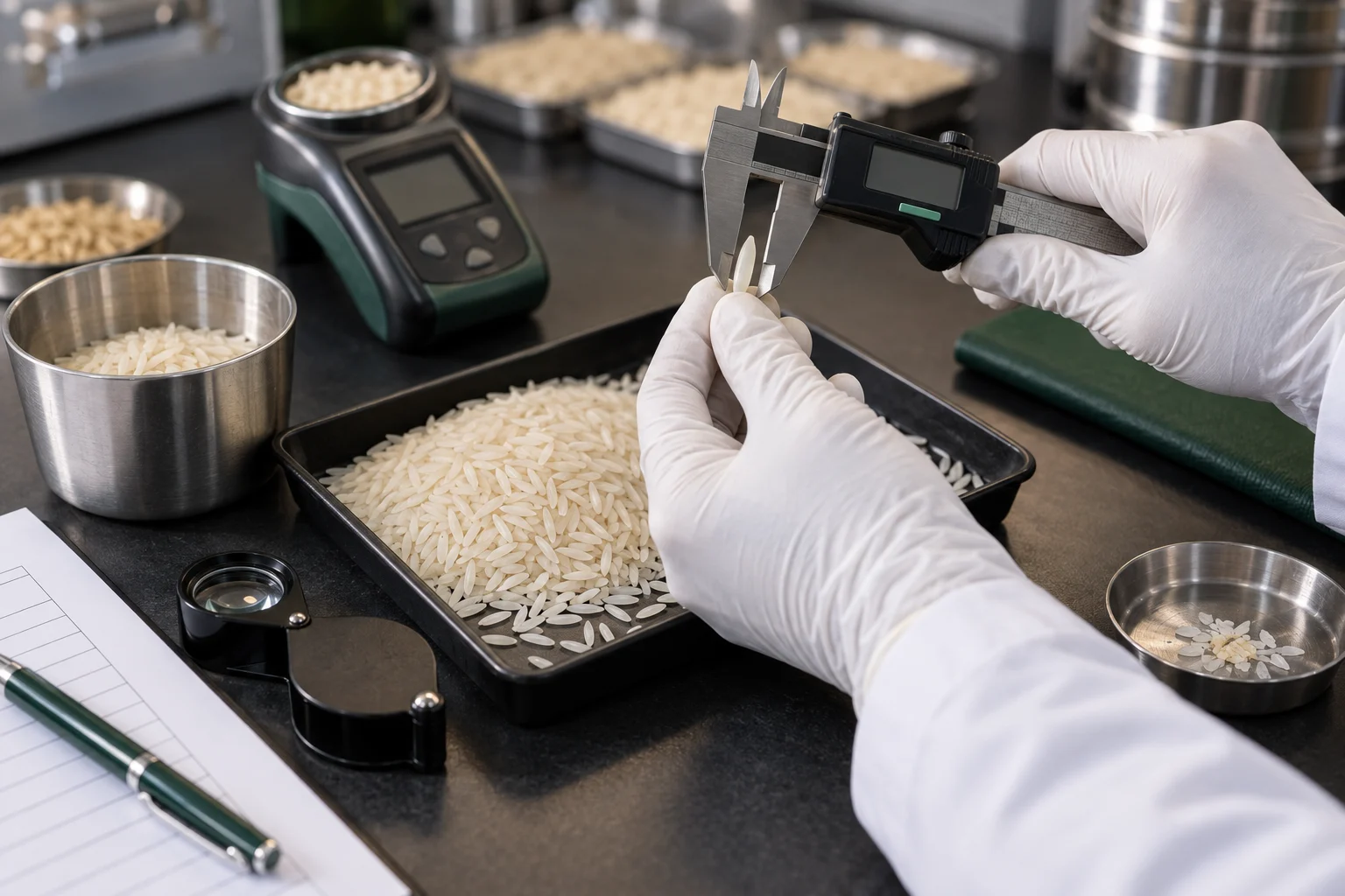 Rice quality inspector measuring a long Basmati grain with a digital caliper beside moisture-testing equipment