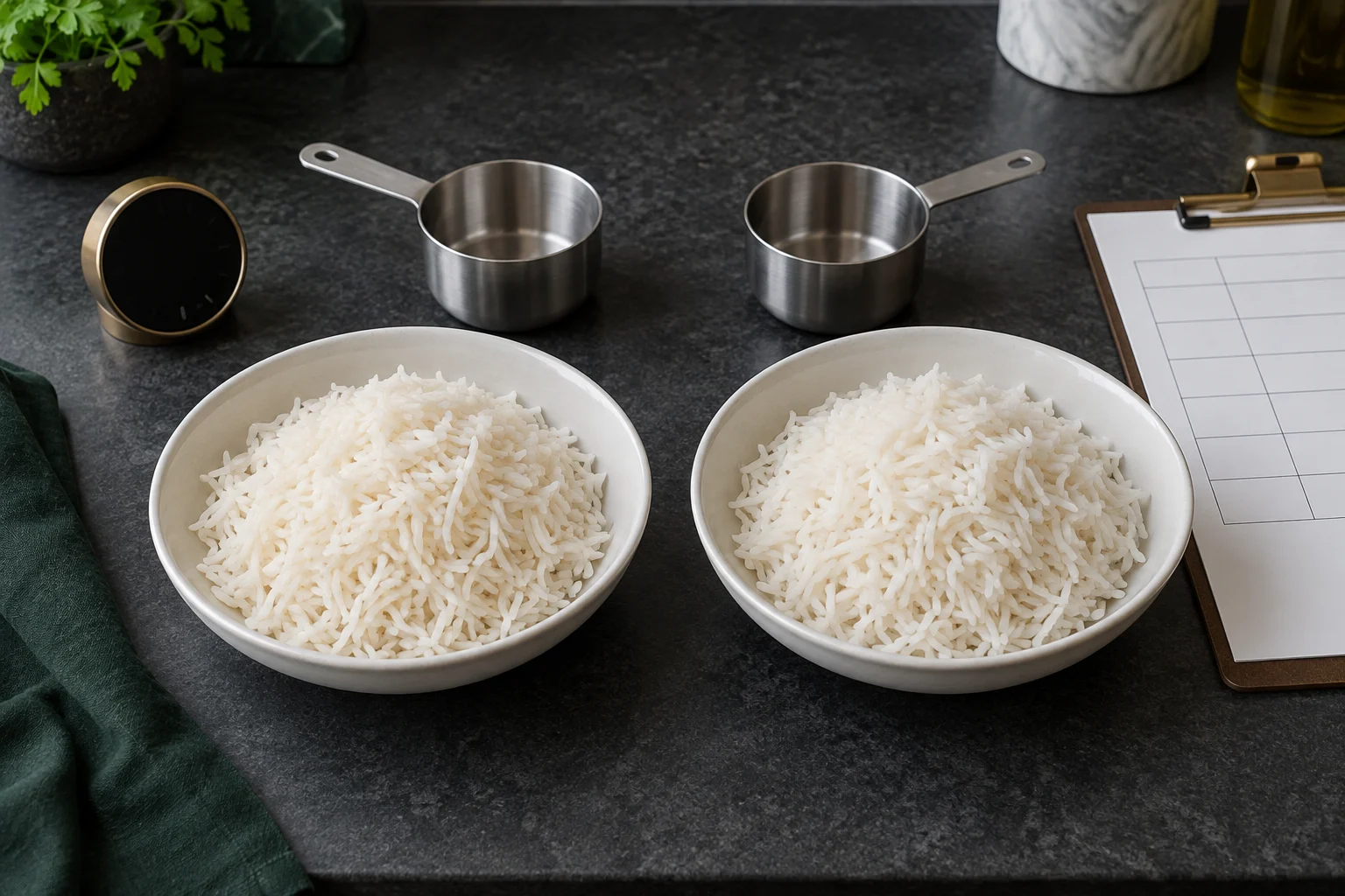 Controlled side-by-side cooking test comparing two Basmati rice samples for grain elongation and separation
