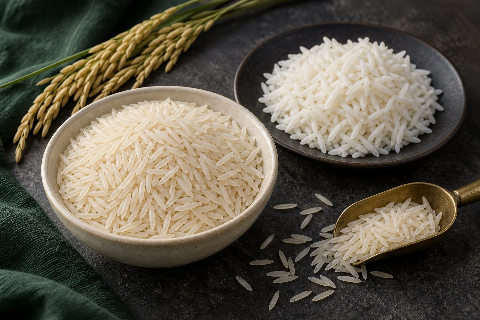 Editorial comparison of uncooked and cooked Pusa 1401 Basmati rice showing long uniform grains