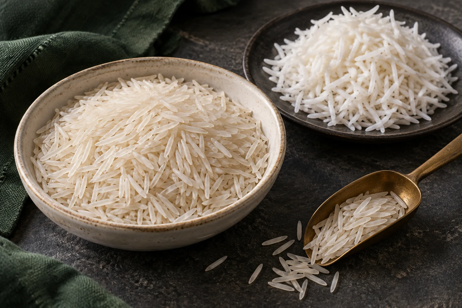 Editorial comparison of uncooked and cooked Pusa 1509 Basmati rice showing extra-long slender grains