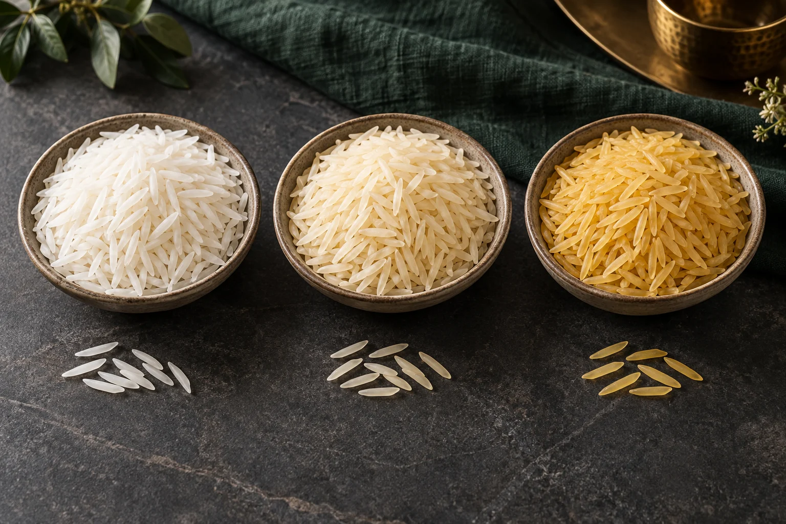 Three bowls comparing Raw, Steam and Golden Sella Basmati rice processing forms
