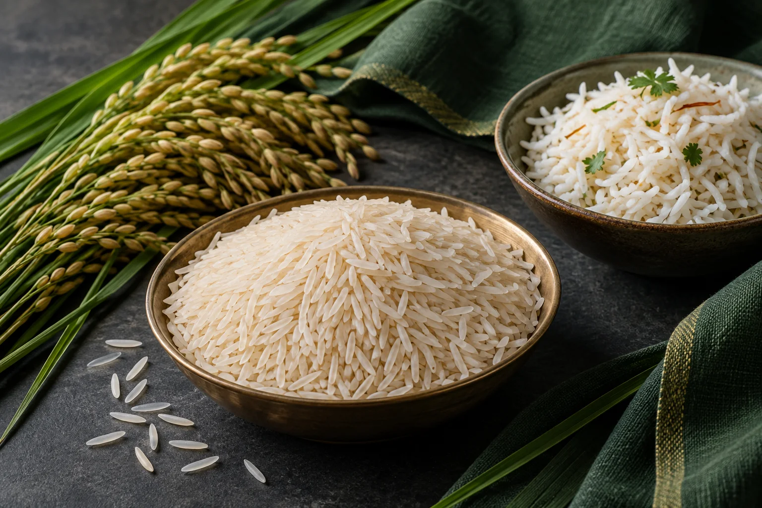 Bowl of Pusa 1718 Basmati grains beside a cooked long-grain rice sample and paddy panicles