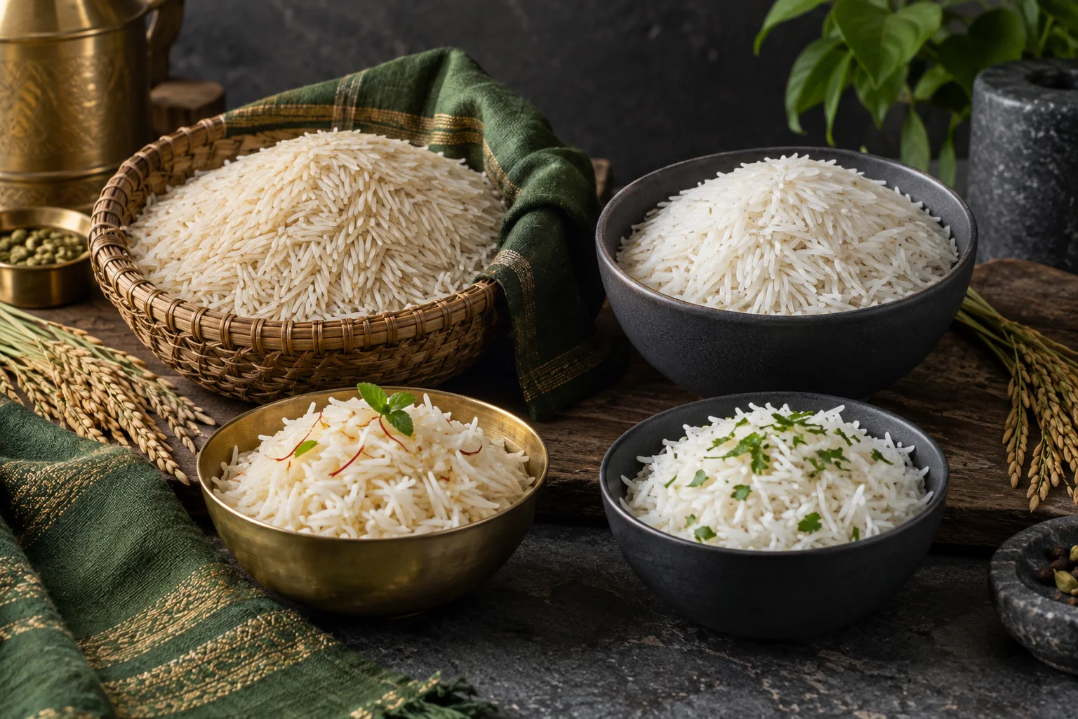 Traditional woven rice basket and modern bowls comparing Traditional and 1121 Basmati rice