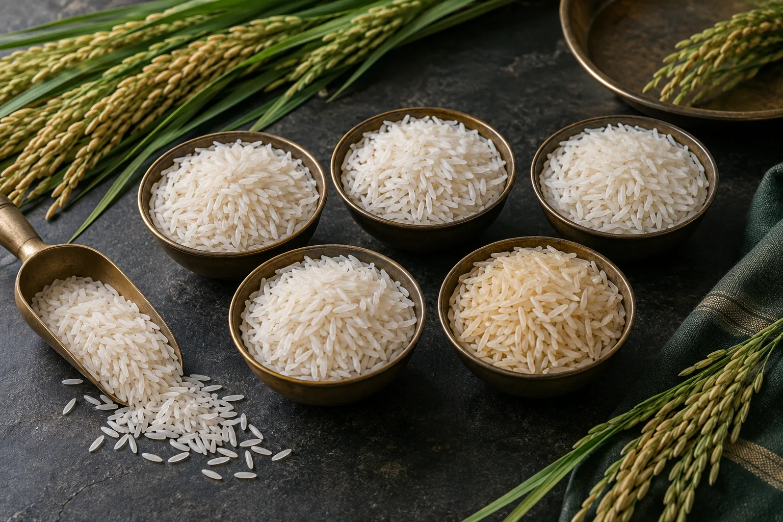 Five bowls of long-grain rice arranged for comparing major Pusa Basmati varieties