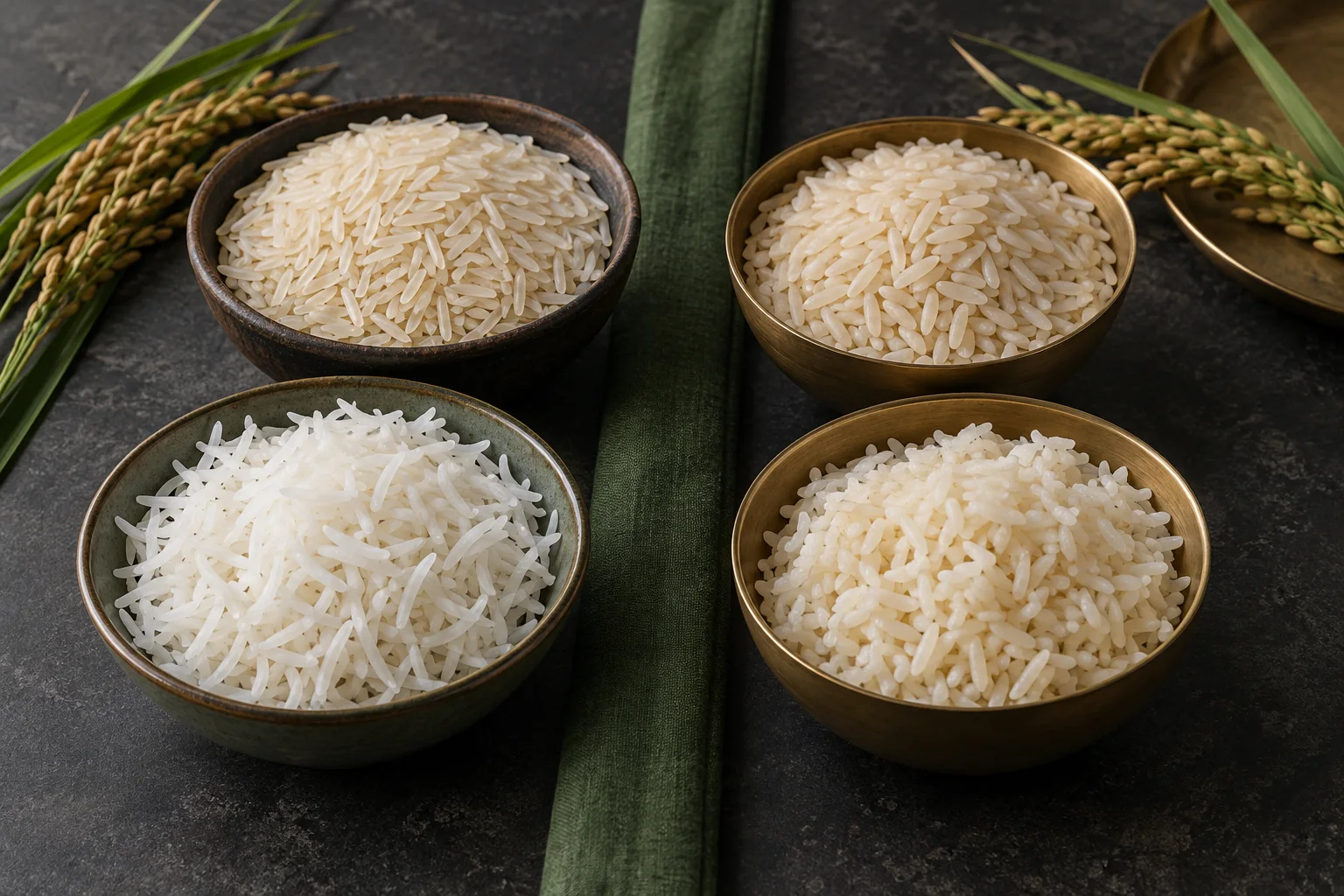 Two raw and two cooked long-grain rice samples comparing Sugandha and Sharbati rice
