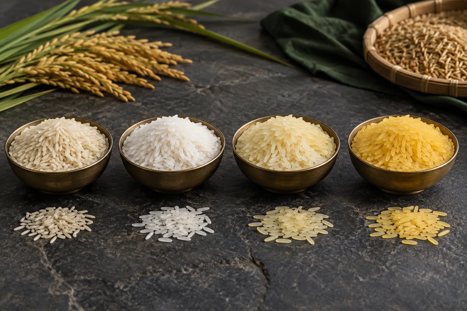 Four bowls showing Raw, Steam, White Sella and Golden Sella rice processing forms