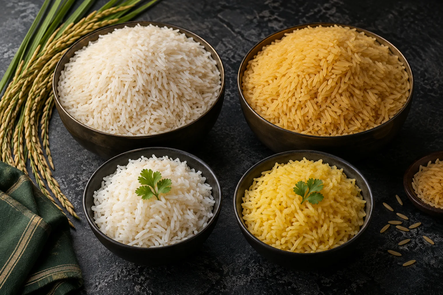 White Sella and Golden Sella rice displayed as pale and amber raw and cooked samples