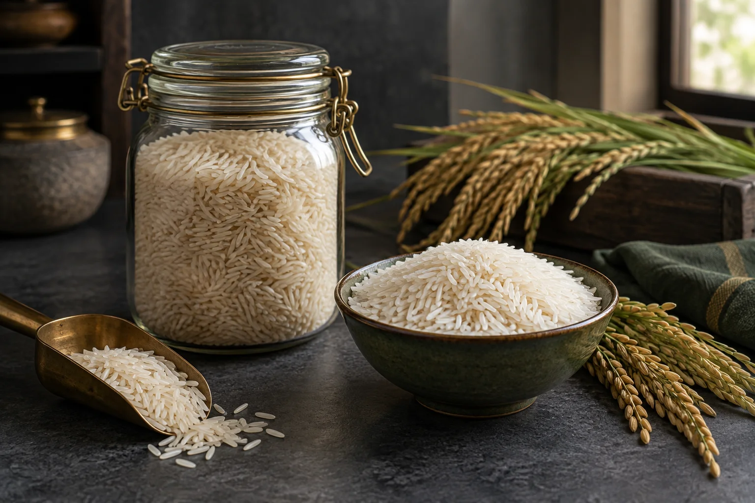Sealed jar of aged Basmati rice beside a fresh new-crop rice sample and paddy panicles