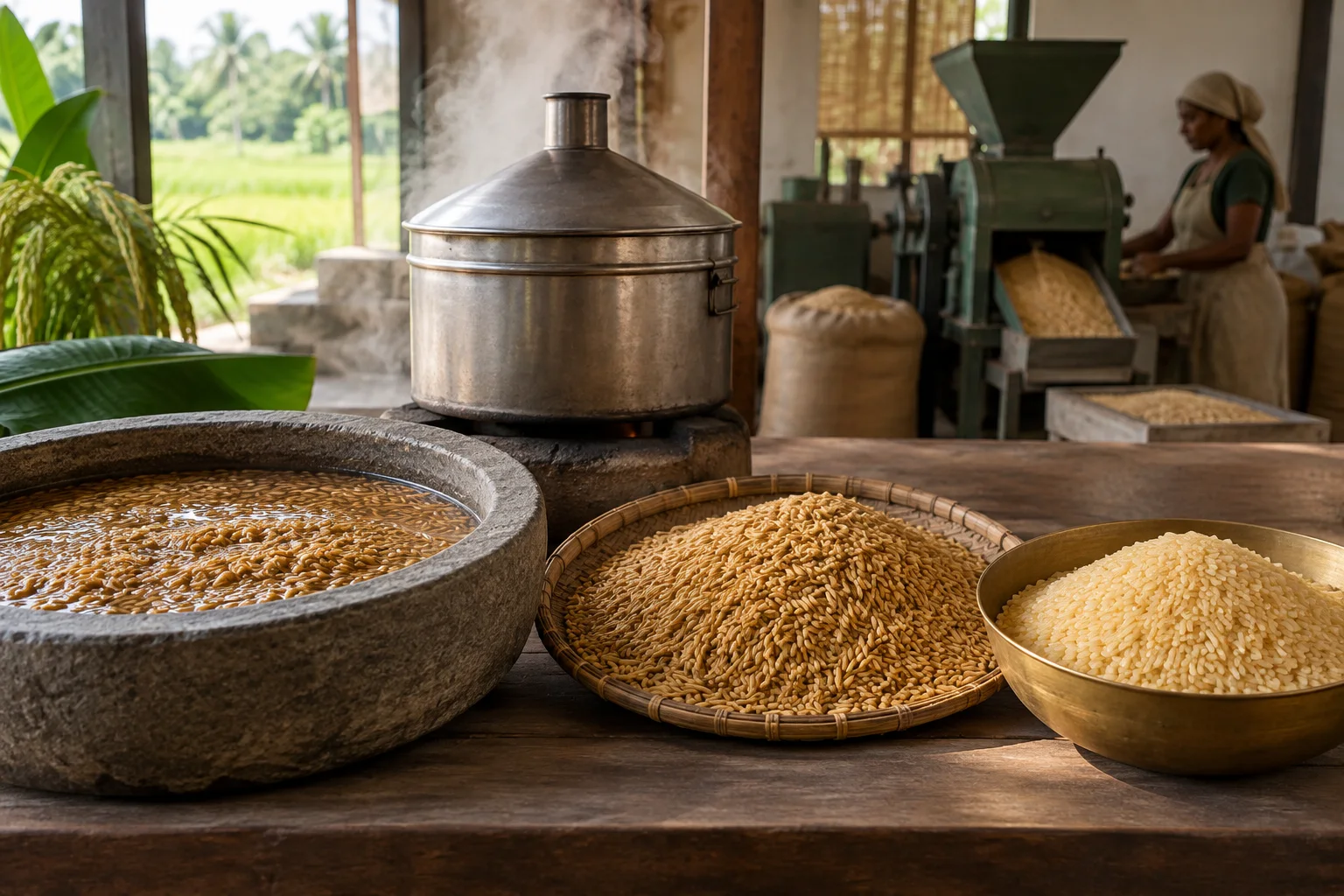 Parboiled rice stages showing soaked paddy, steam treatment, drying and finished grains