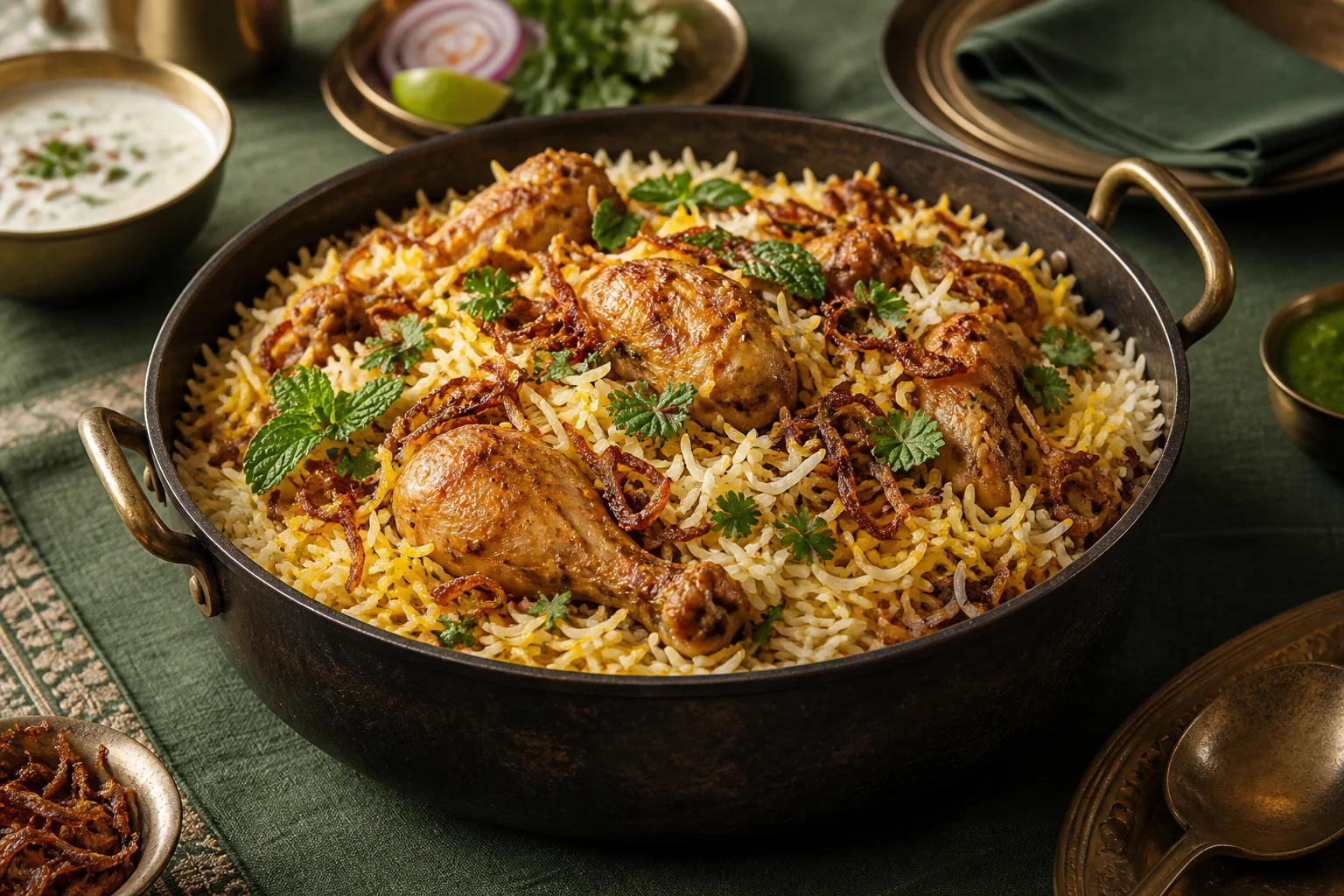 Finished biryani with separate extra-long Basmati grains in a dark serving pot