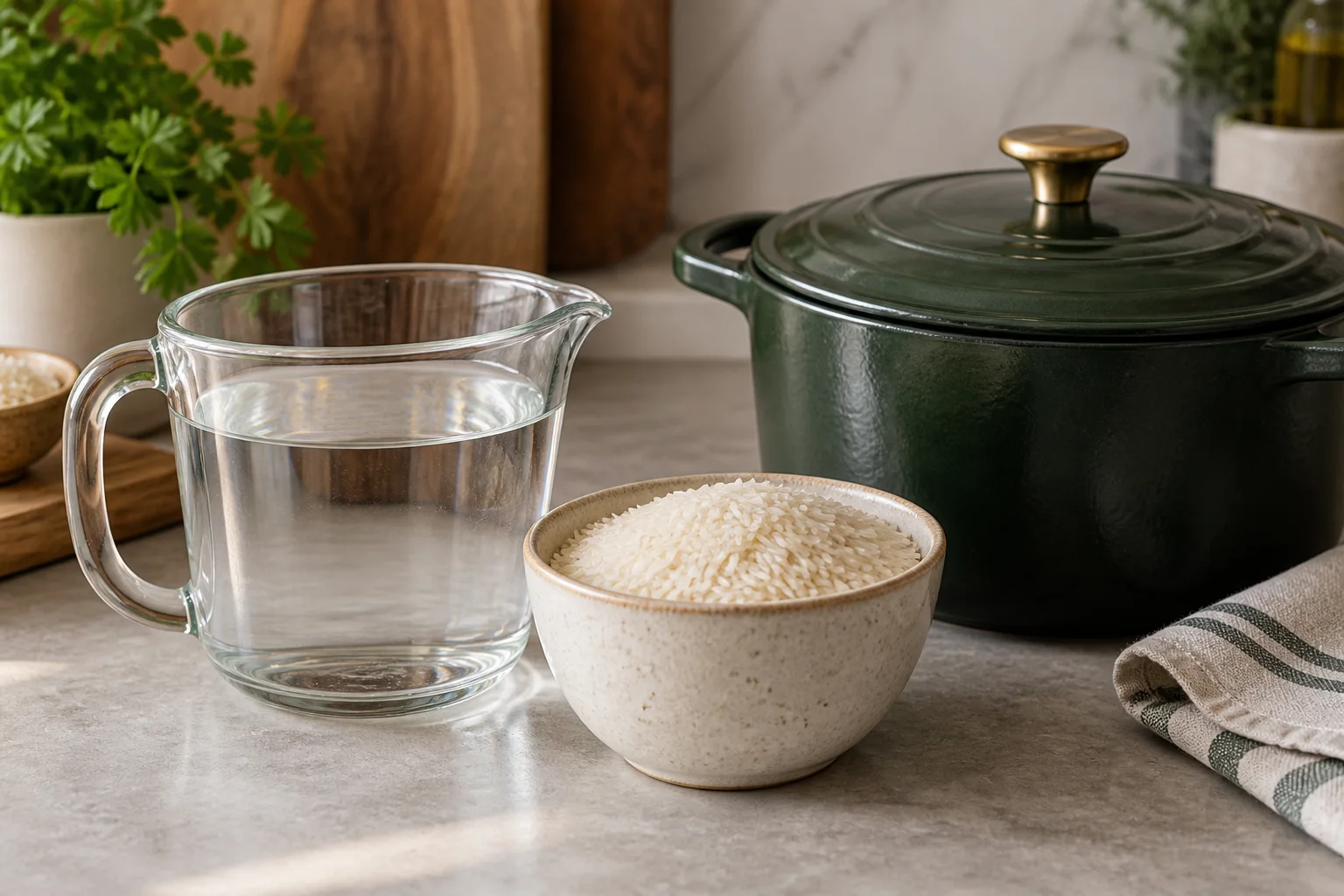 Measuring jug, cup of dry Basmati rice and covered pot arranged for water-ratio cooking