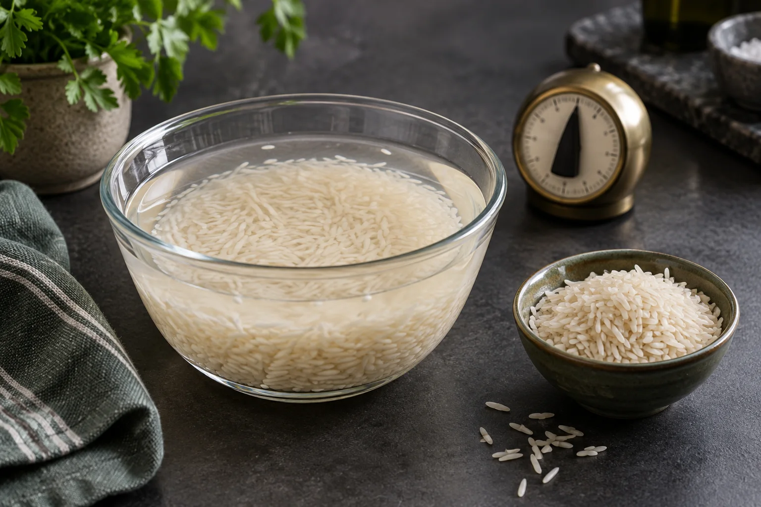 Basmati grains soaking in a clear glass bowl beside a dry rice sample and kitchen timer