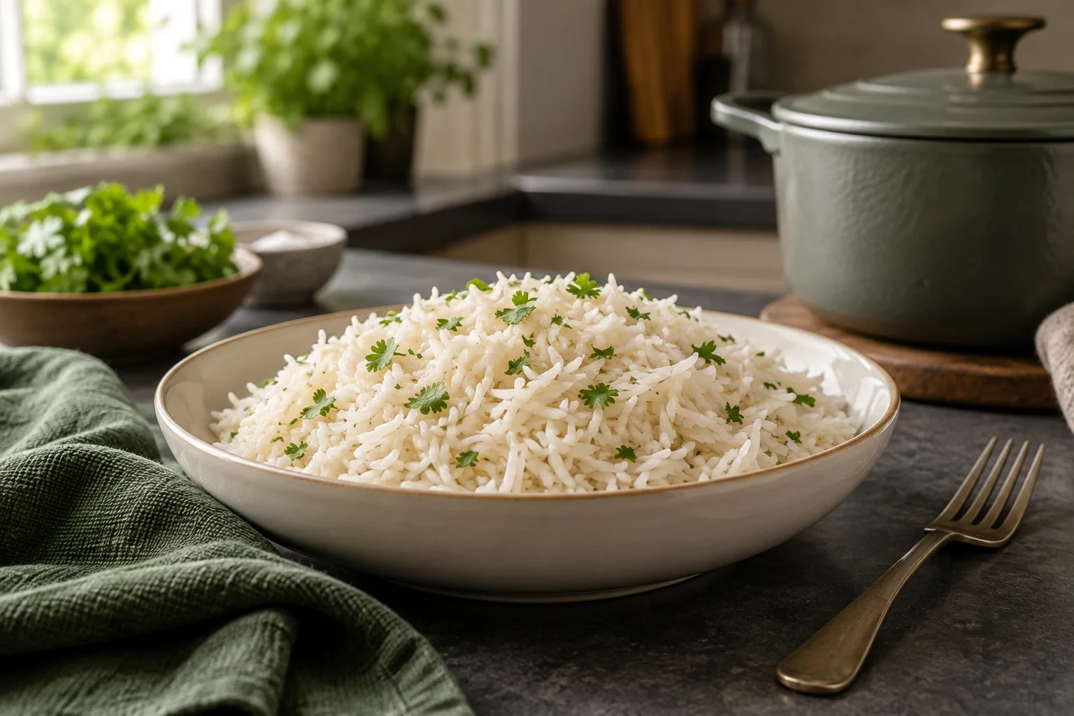 Bowl of fluffy white Basmati rice with visibly long separate grains beside a cooking pot
