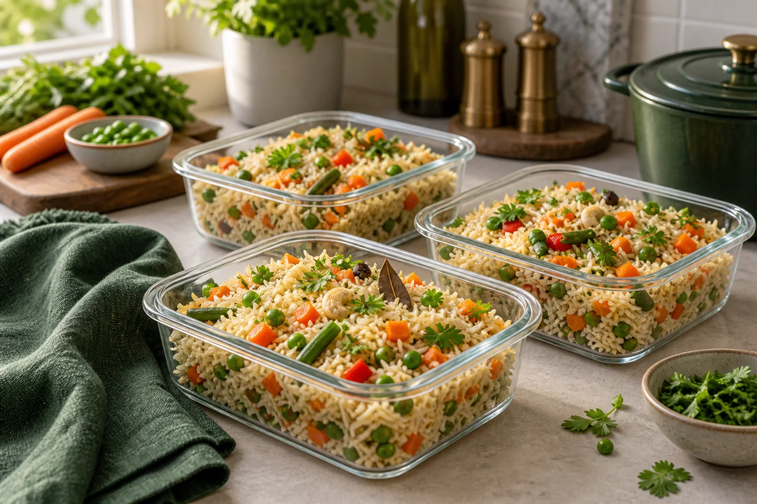 Three glass meal-prep containers filled with Basmati rice and colourful vegetables