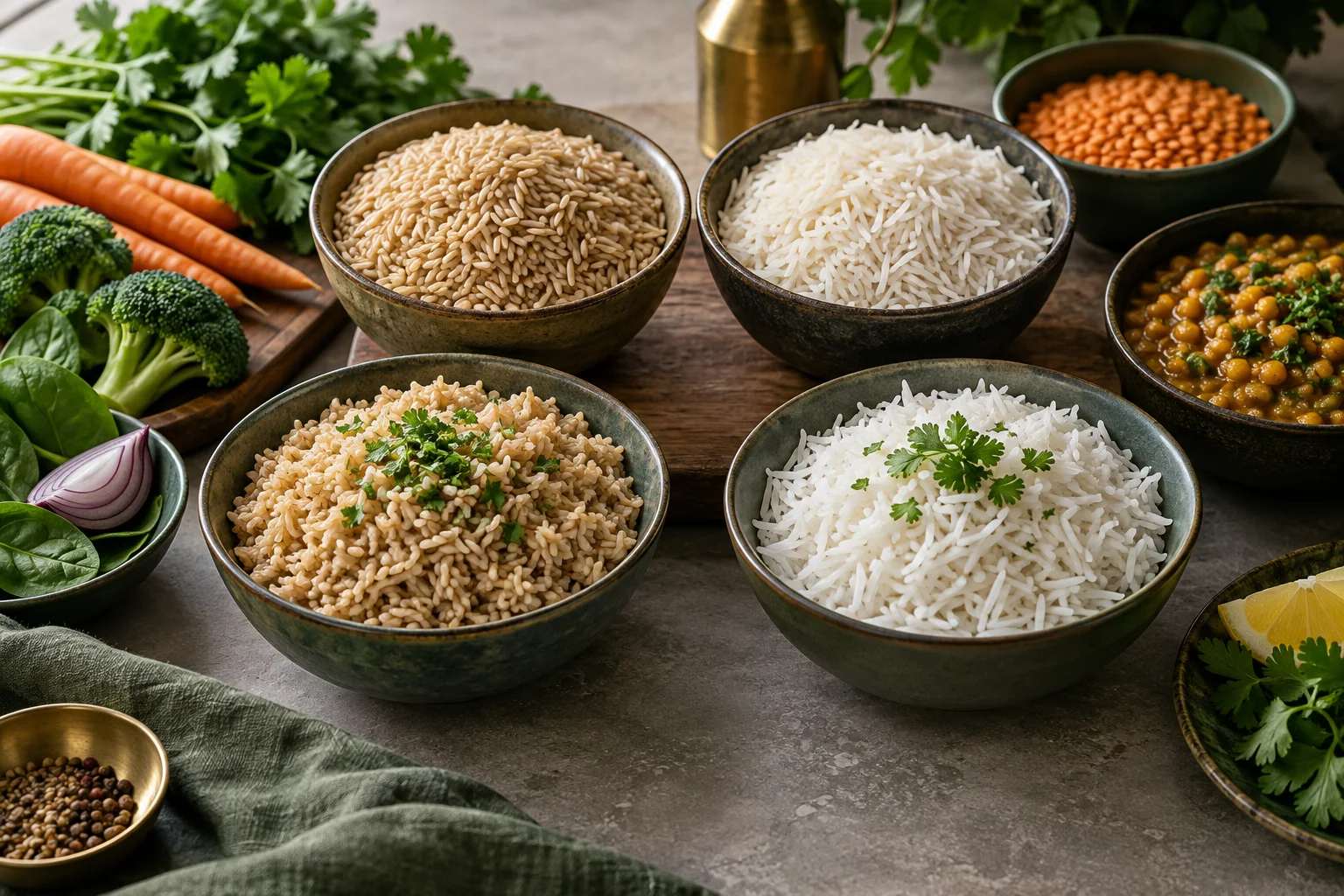 Brown and white Basmati rice shown as raw and cooked samples with vegetables and lentils