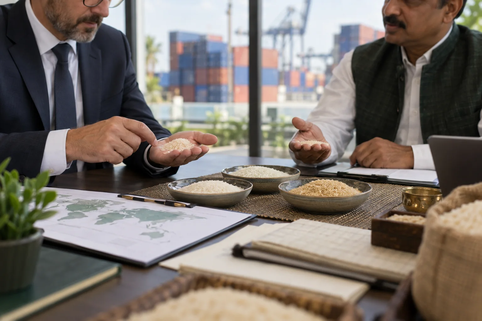 International buyer and Indian rice supplier reviewing samples and shipment plans at an export office