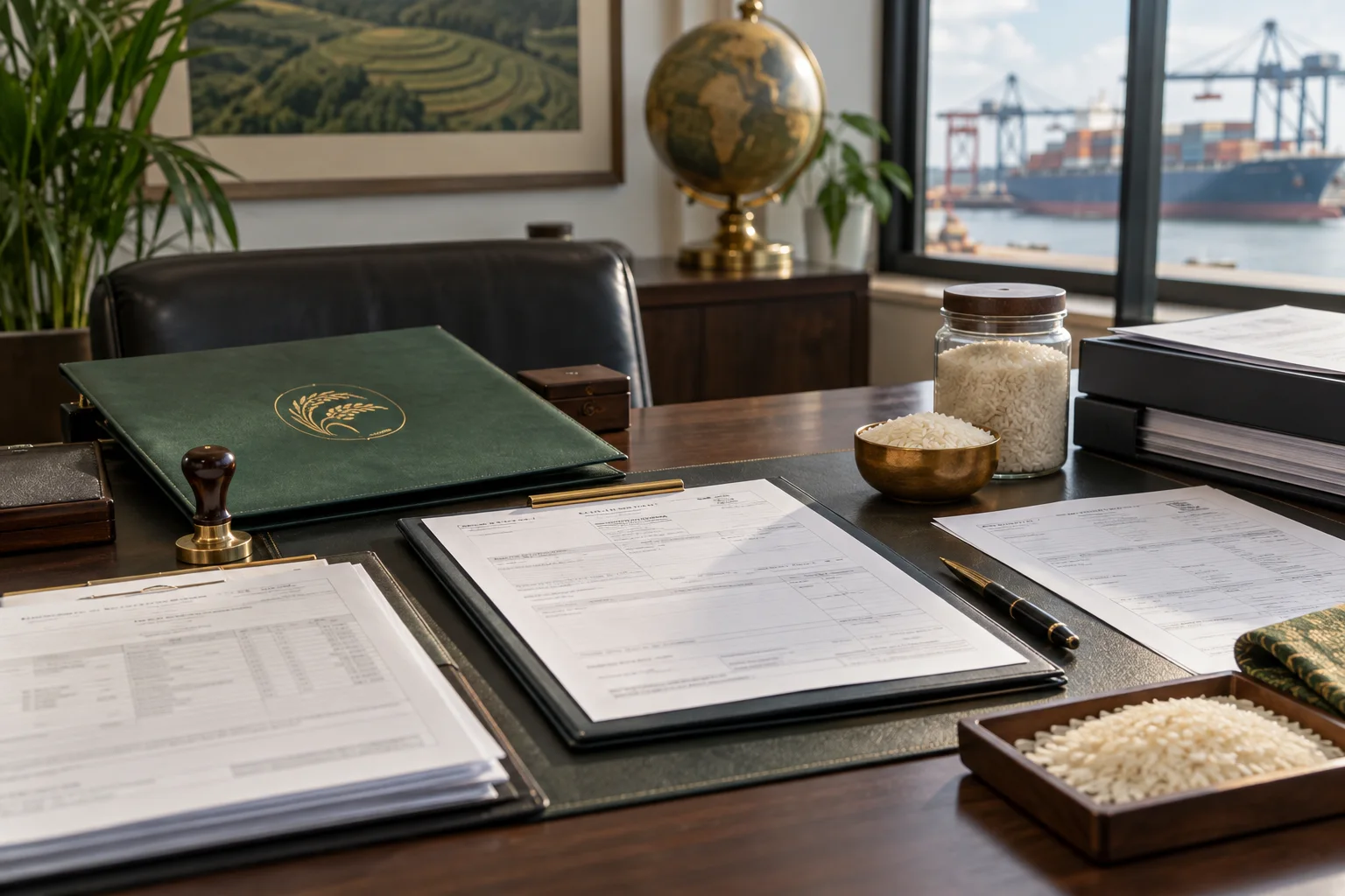 Organised export desk with shipping papers, certificate folder and sealed rice sample