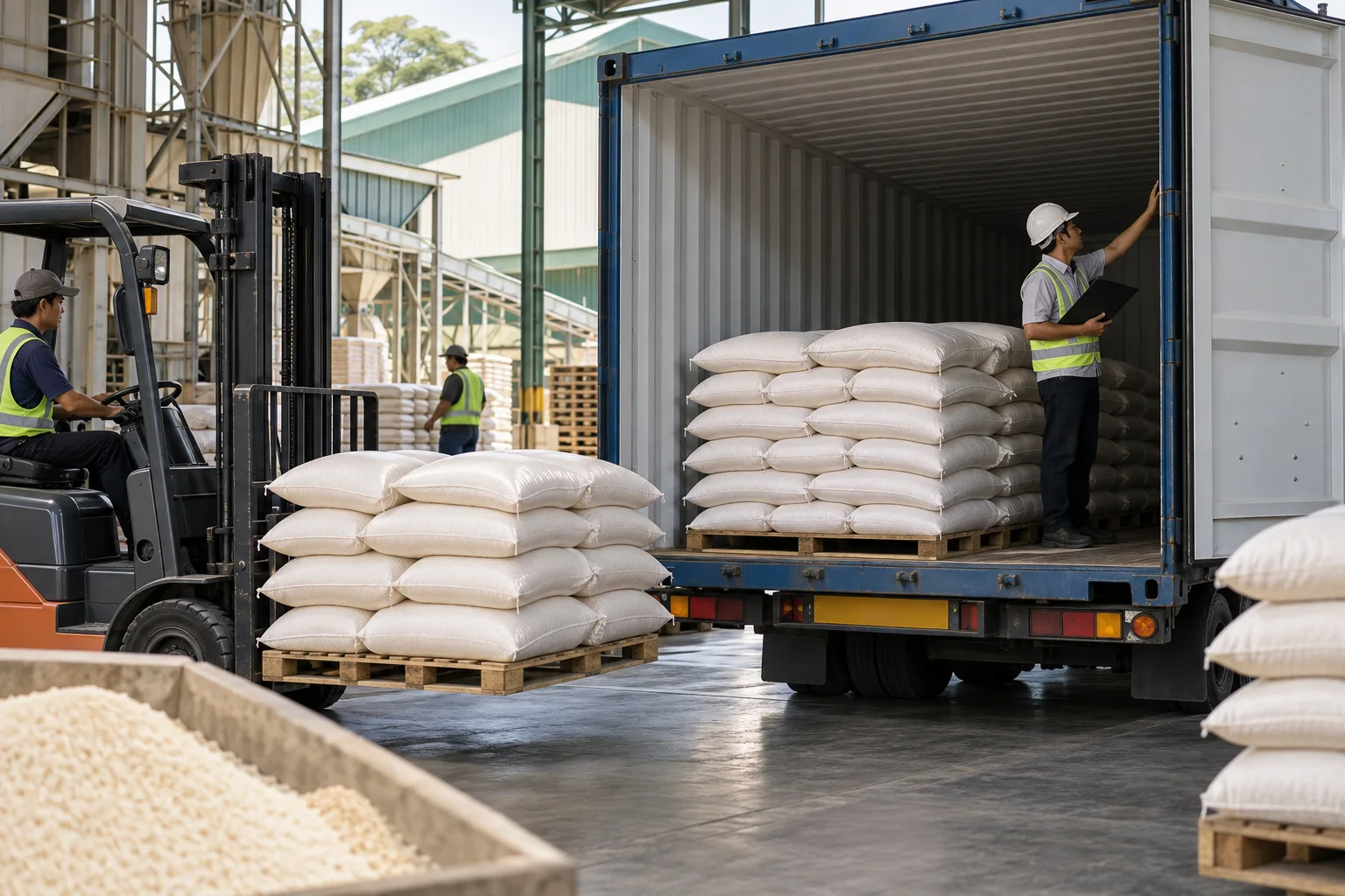 Food-grade shipping container being loaded with neatly stacked unbranded rice sacks
