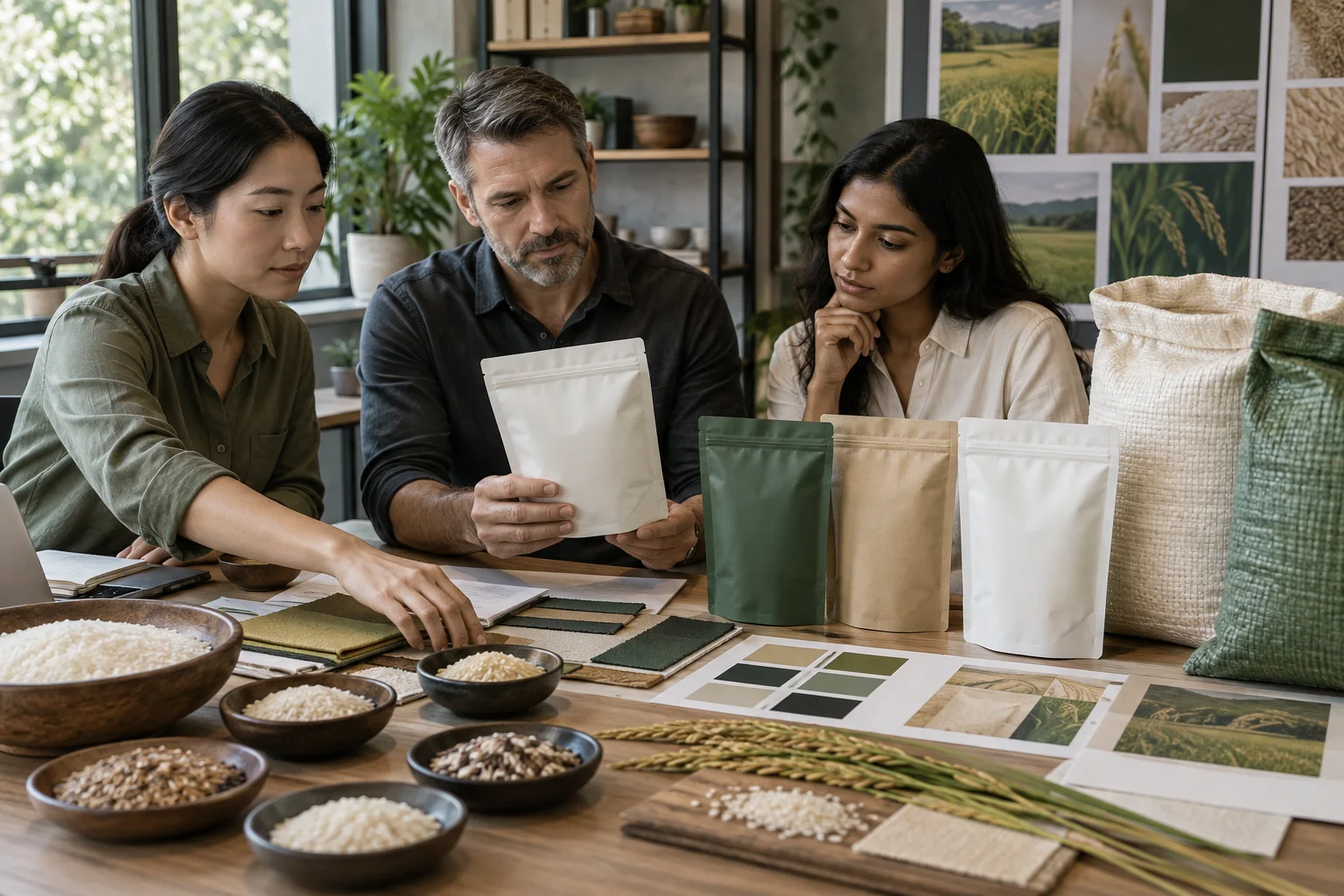 Private-label rice packaging development table with blank pouches, sacks and grain samples