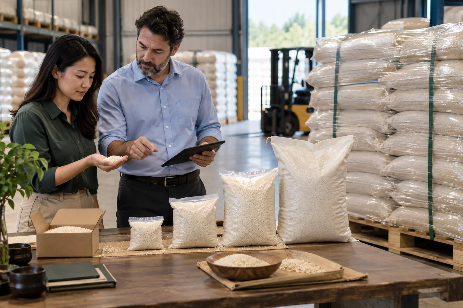 Sample carton, rice bags and full pallet arranged to represent different order quantities