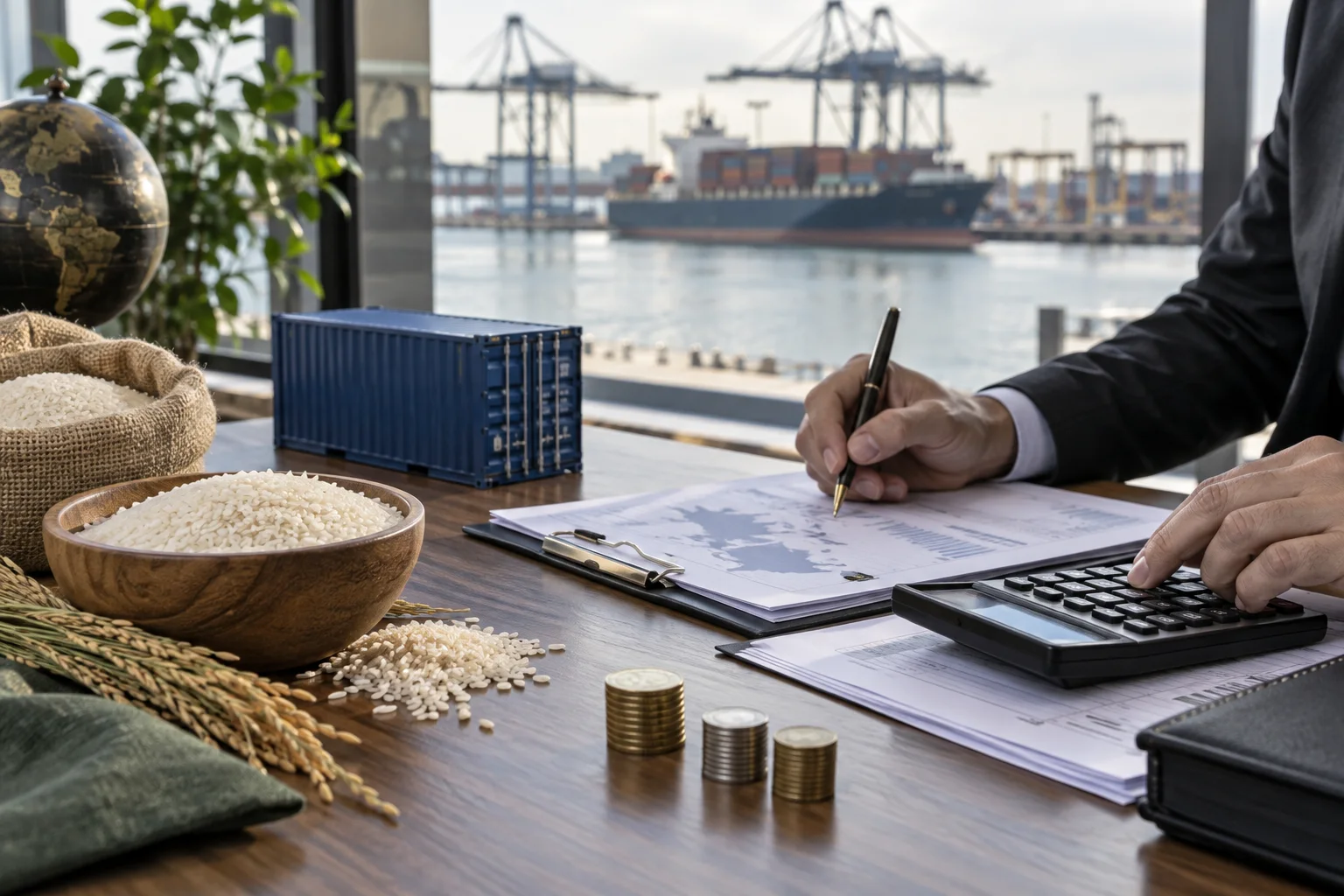 Rice sample, calculator, miniature container and shipping papers on a procurement desk