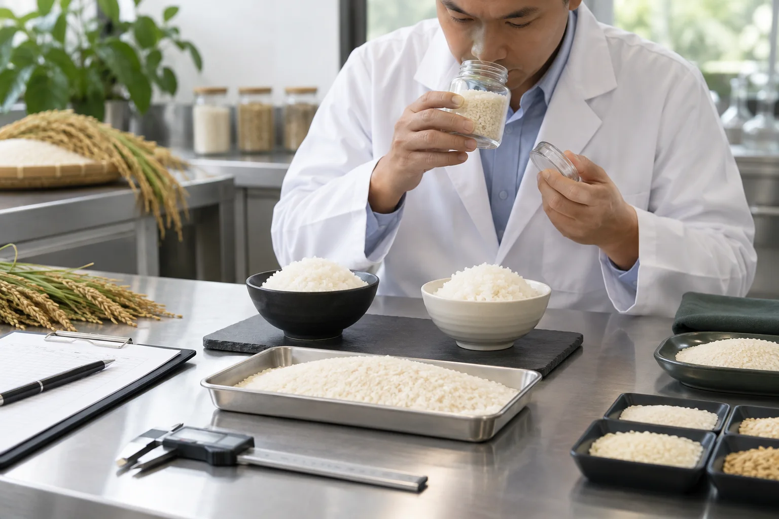 Professional Basmati sample evaluation with cooked bowls, raw grain tray and caliper