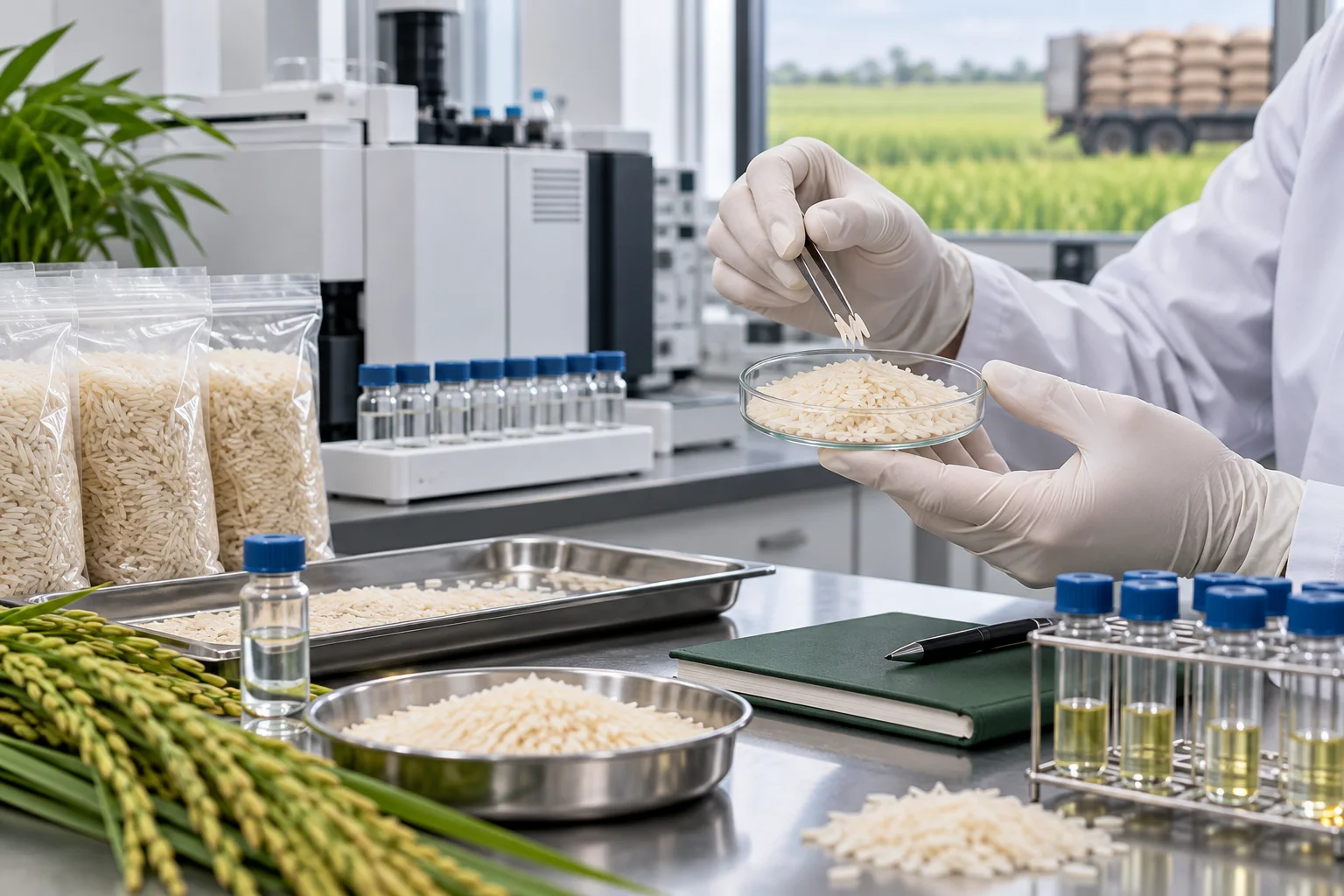 Sealed Basmati samples and laboratory vials prepared for pesticide-residue analysis