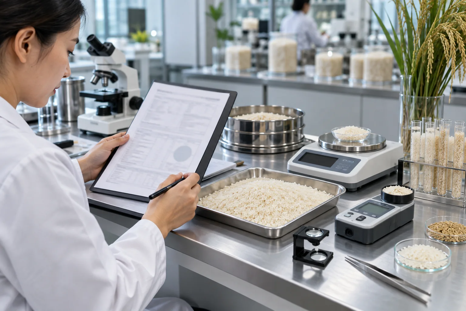 Rice certificate review beside a sample tray, moisture meter, weighing scale and magnifier