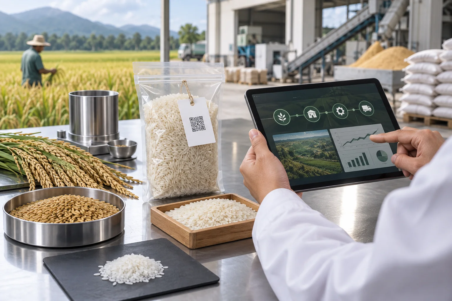Paddy, sealed rice samples, mill sample and digital record arranged as a traceability chain