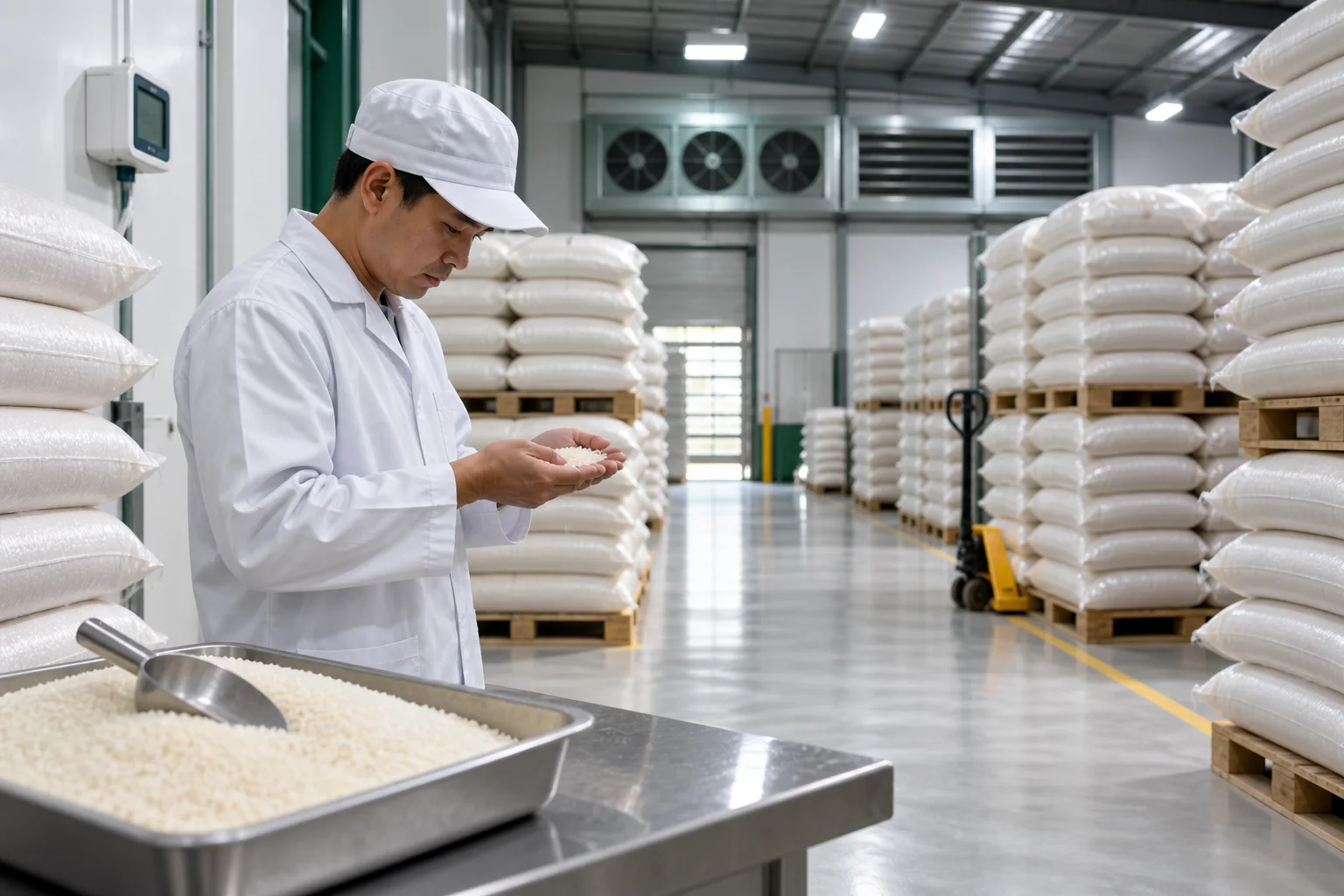 Clean dry rice warehouse with sealed sacks on pallets and a humidity monitor