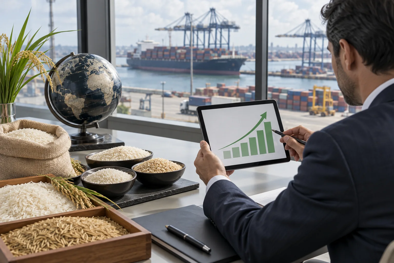 Basmati samples, globe and shipping containers arranged for a 2026 rice market analysis