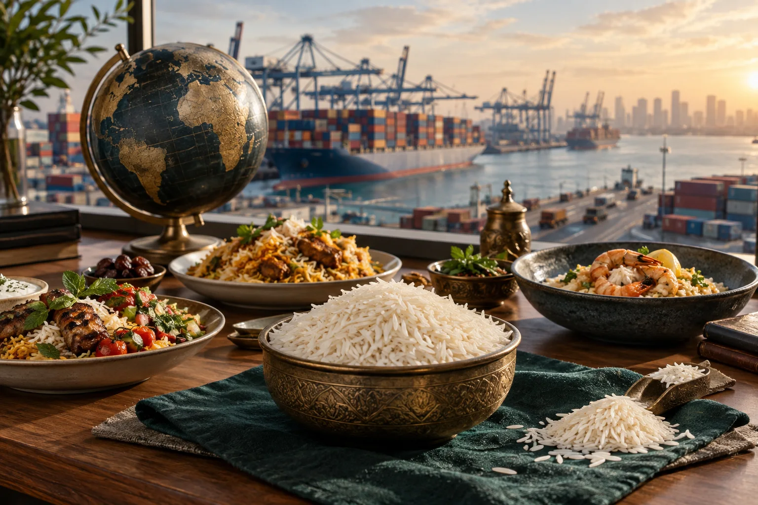 Rice sample, globe and global serving bowls overlooking an international container port
