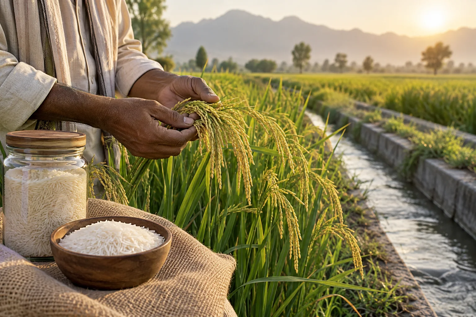 Farmer hands inspecting rice panicles beside a water-efficient paddy irrigation channel
