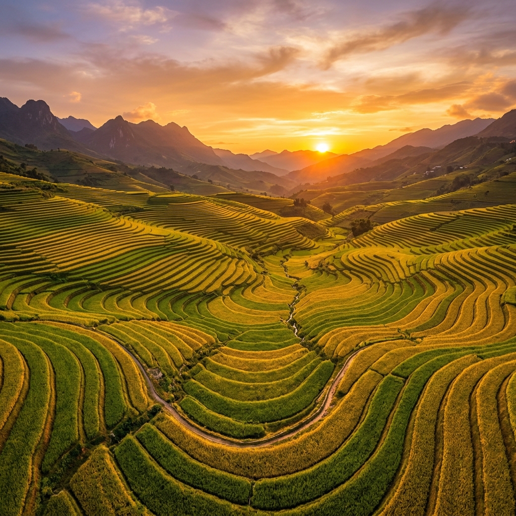 Golden rice paddy field at sunset